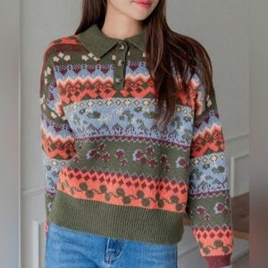 Dazy Sweater Large Green Orange Multi Colour Patterned Cozy Long Sleeve Knit